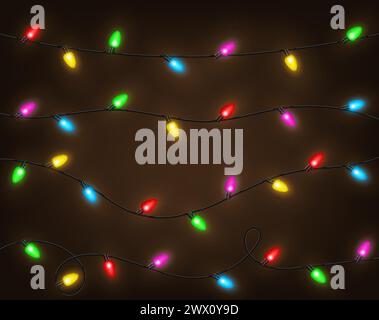 Set of Color Garlands, Festive Decorations. Glowing Christmas Lights Isolated, Vector Illustration Stock Vector