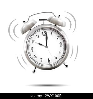 Realistic Chrome Alarm Clock Ringing, Isolated on White Background, Vector Illustration Stock Vector