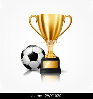 Realistic Golden Trophy with Soccer Ball, Isolated on White Background, Vector Illustration Stock Vector