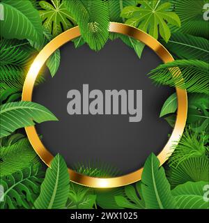 Golden Ring with Text Space Surrounded By Tropical Leaves. Suitable For Nature Concept, Vacation, and Summer Holiday, Vector Illustration Stock Vector