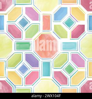 Artistic geometric watercolor seamless pattern. Abstract outline colored texture. Cube, rhomb, hexagon stylish ornamental retro design element Stock Vector
