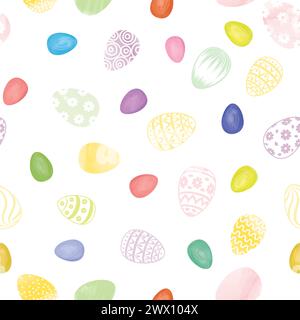 Easter seamless gentle vector pattern with bunnies and easter eggs over white background. Easter holiday decor for website, package, greeting card des Stock Vector