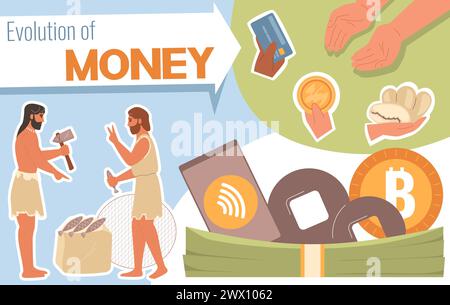 Money evolution flat collage with ancient finance exchange scene vector illustration Stock Vector