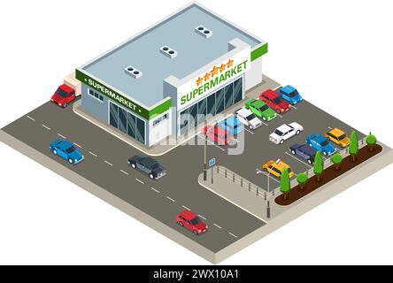 Supermarket building outdoor with car parking isometric object isolated on white background 3d vector illustration Stock Vector