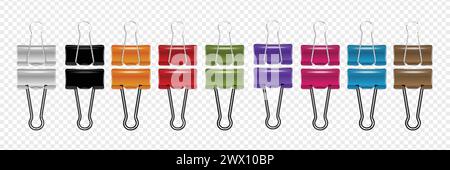 Multicolored row of paper binder clips at transparent background realistic set isolated vector illustration Stock Vector