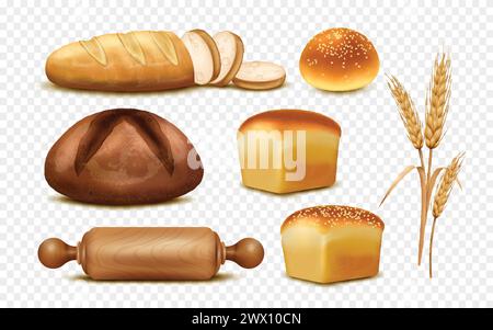 Bakery set of realistic bread loaves wheat ears and wooden rolling pin isolated on transparent background vector illustration Stock Vector