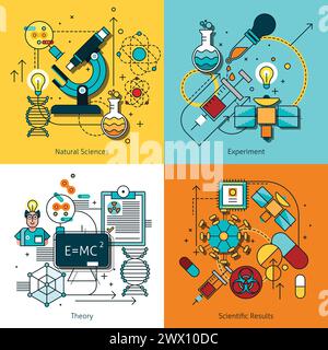 Science concept line icons set with theory and experiment symbols flat isolated vector illustration Stock Vector