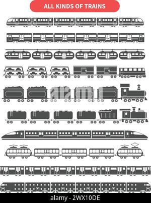 Subway and railroad train black decorative icons set isolated vector ...