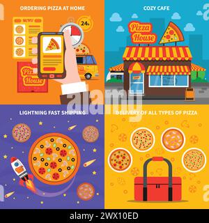 Pizza design concept set with cafe and home delivery flat icons isolated vector illustration Stock Vector