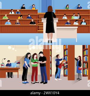 Two horizontal banners with students at university listening lecturer and preparing for exams isolated vector illustration Stock Vector