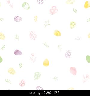 Easter spring seamless gentle vector pattern with flowers, bunnies, and easter eggs over white background. Easter holiday decor for website, package, Stock Vector