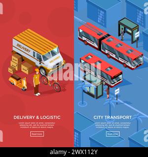Two vertical isometric transport banners set of city transport and logistic compositions with passengers waiting at bus stop delivery automobile couri Stock Vector