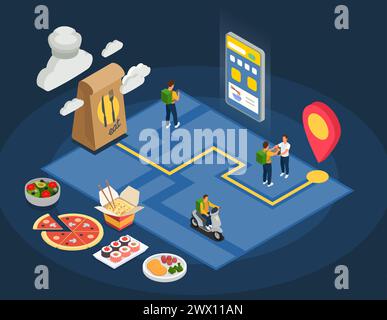 Cloud kitchen concept with order delivery symbols isometric vector illustration Stock Vector
