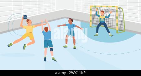 Female player throwing ball during handball match flat vector illustration Stock Vector