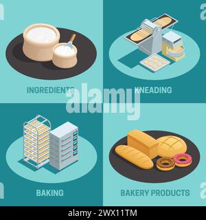 Four bakery factory isometric icon set with ingredients kneading baking and bakery products descriptions vector illustration Stock Vector