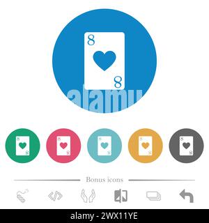 Eight of hearts card flat white icons on round color backgrounds. 6 bonus icons included. Stock Vector