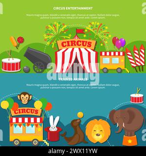 Circus entertainment  and trained animals horizontal banner set flat isolated vector illustration Stock Vector