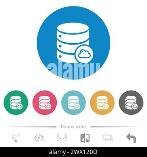 Cloud database flat white icons on round color backgrounds. 6 bonus icons included. Stock Vector