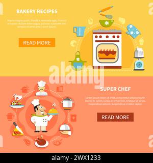 Cooking horizontal banners with home bakery ingredients chef and his tasks in flat style vector illustration Stock Vector