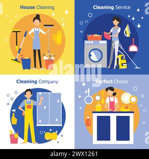 Cleaning people concept with housewife maid and company worker in flat style vector illustration Stock Vector