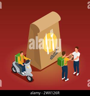 Cloud kitchen service concept with package and delivery symbols isometric vector illustration Stock Vector