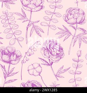 Monochrome seamless pattern with peony and eucalyptus in victorian engraving style. Vector illustration. Stock Vector