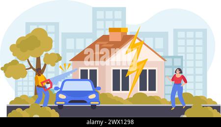 Property division flat composition with man and woman dividing house and car after divorce vector illustration Stock Vector