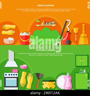 Two colorful horizontal banners set with flat living room kitchen furniture equipment and cleaning agents images vector illustration Stock Vector