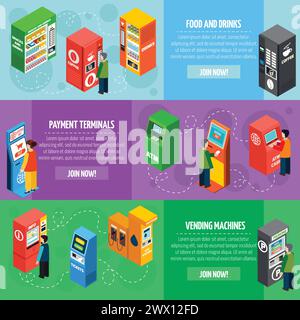 Vending food and drinks dispensers isometric banners set with payment and tickets selling machines isolated vector illustration Stock Vector