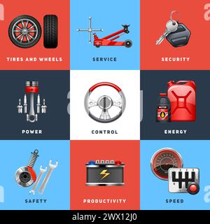 Car auto service safety control for trucks and cargo vehicles equipment flat icons set abstract isolated vector illustration Stock Vector