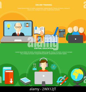 Two horizontal and isolated e learning banner set with online training and virtual education descriptions vector illustration Stock Vector