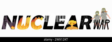 Nuclear war concept with text and collapse symbols flat vector ilustration Stock Vector