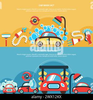 Set of two horizontal car wash banners with doodle style images of washing cars water drops vector illustration Stock Vector
