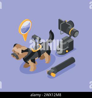 Little dog with action camera on back isometric composition on color background 3d vector illustration Stock Vector