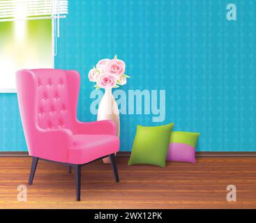 Cute pink realistic soft chair interior poster with pillows on the floor and colored walls around vector illustration Stock Vector