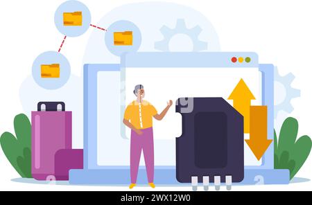 Backup and data recovery keeping files safe flat composition with male character vector illustration Stock Vector