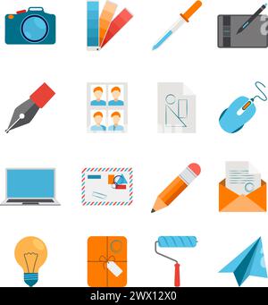 Creative design icons flat set for web and graphic design with camera mouse digitizer laptop on white background isolated vector illustration Stock Vector
