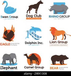 Animals symbols flat logo collection with eagle bear camel and dog club emblem abstract isolated vector illustration Stock Vector