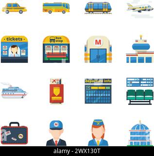 Passenger transportation flat icons set of jet plane bus taxi subway isolated vector illustration Stock Vector