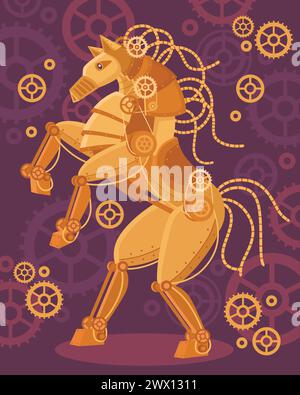 Steampunk art golden horse poster mechanical figurine and mechanisms around on a purple background vector illustration Stock Vector