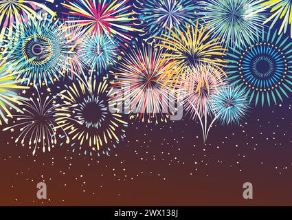 Festive colorful firework bursts in various abstract sparkling shapes at night sky  background flat vector illustration Stock Vector