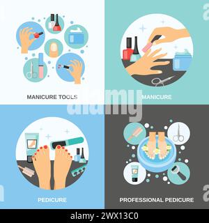 Professional manicure and pedicure procedure tools and accessories 4 flat icons square banner abstract isolated vector illustration Stock Vector