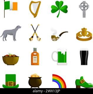 Ireland flat color decorative icons with leprechaun green hat and shoe rainbow pot with gold irish terrier and bottle of whisky Stock Vector