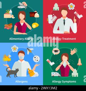 Allergy And Treatment Concept. Allergy Vector Illustration. Allergy Flat Icons Set. Allergy Design Set. Allergy Isolated Elements. Stock Vector