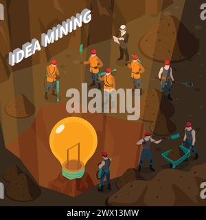 Idea isometric concept with people working in mine and holding mining inventory vector illustration Stock Vector