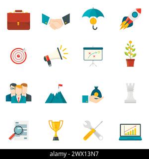 Entrepreneurship flat color icons set with business startup work in team leadership handshake elements isolated vector illustration Stock Vector