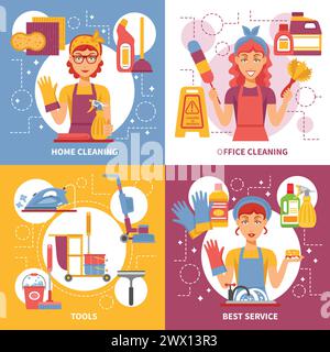 Four square cleaning service icon set on several topics such as home cleaning office cleaning tools and best service vector illustration Stock Vector