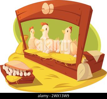 Hen and eggs on a farm with hay and bags of grain for feeding vector illustration Stock Vector