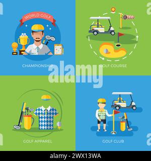World golf championship club course and apparel 2x2 flat icons isolated vector illustration Stock Vector
