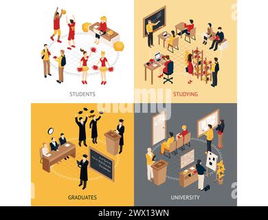 College and university isometric design concept 2x2 icons set with students in classrooms graduates and lecturers isolated vector illustration Stock Vector